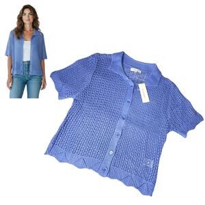No Comment Crochet Top Blue Spread Collar Womens Med Button Up Knit Cardigan New